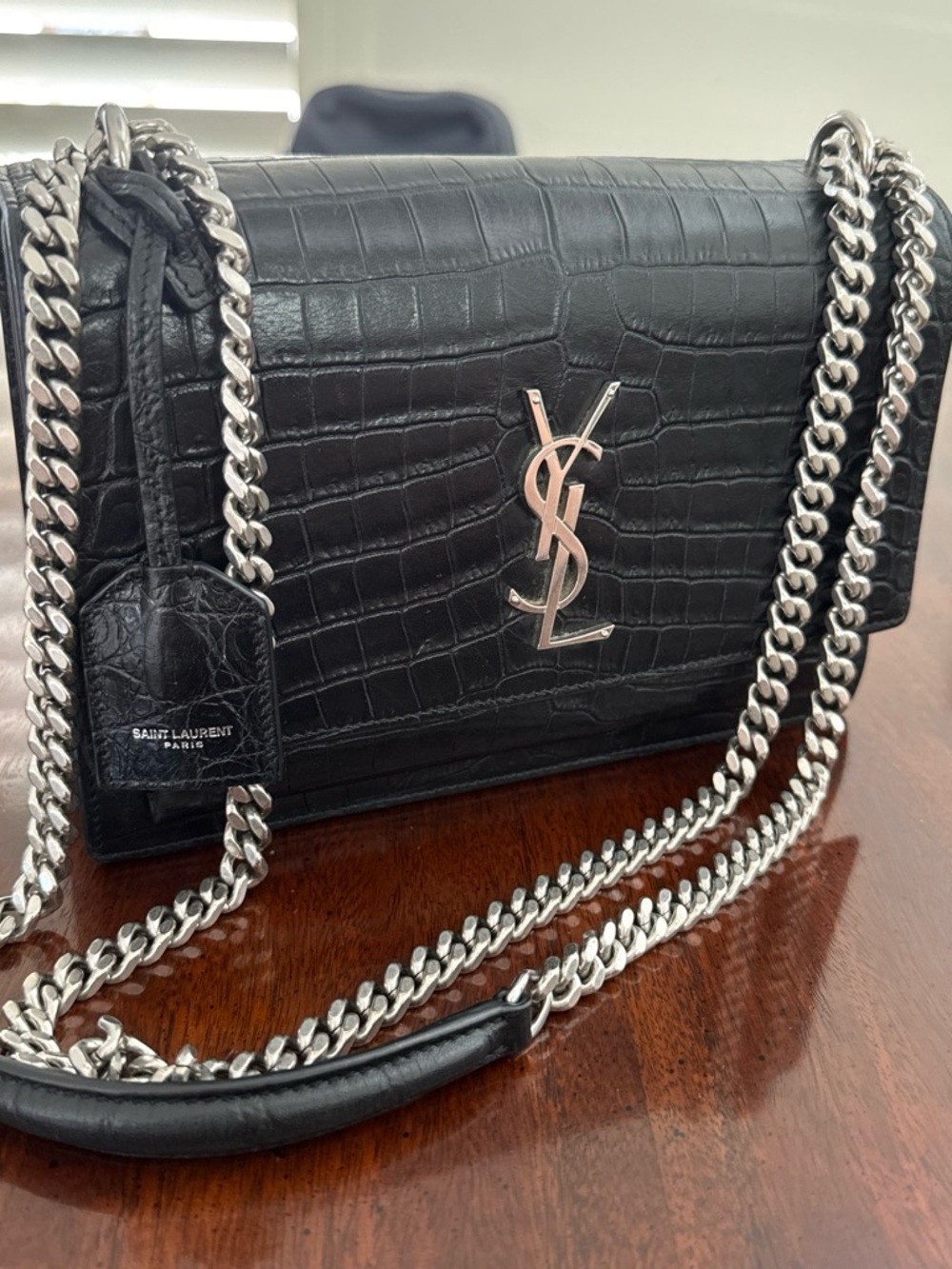 Saint Laurent Black Croc-Embossed Shoulder Bag with Silver Logo and Chain